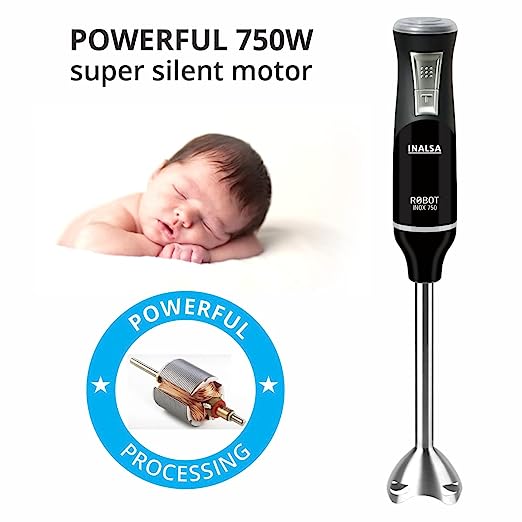 INALSA Hand Blender 750 Watt |Powerful Super Silent 100% Copper Motor| ANTI-SPLASH TECHNOLOGY| Variable Speed and Turbo Function| Stainless Steel Blade & Detachable Stem (Robot Inox 750S) INALSA Hand Blender 750 Watt |Powerful Super Silent 100% Copper Motor| ANTI-SPLASH TECHNOLOGY| Variable Speed and Turbo Function| Stainless Steel Blade & Detachable Stem (Robot Inox 750S)